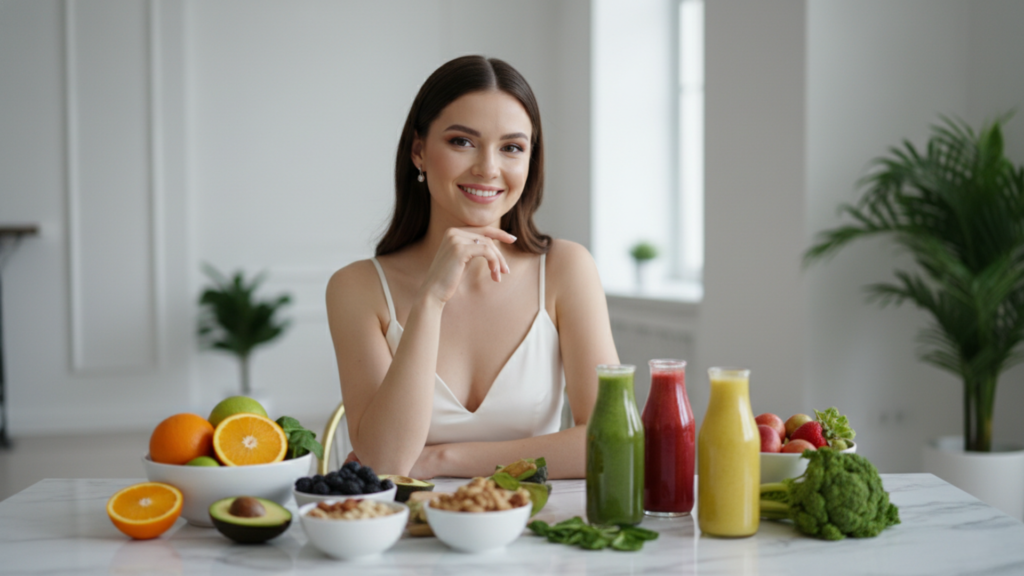 A smiling bride-to-be sits at an elegant table with an array of fresh fruits, vegetables, nuts, and colorful smoothies, highlighting a healthy diet for glowing skin in a luxurious, modern setting.