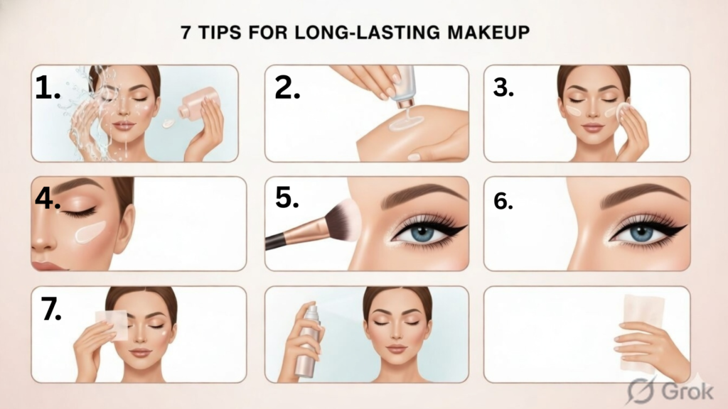 An infographic titled "7 TIPS FOR LONG-LASTING MAKEUP" featuring nine illustrated panels demonstrating a beauty routine. The seven steps include: