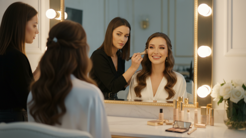 Professional makeup artist applying flawless bridal makeup to a smiling bride in a luxury studio, showing why choosing the right makeup artist matters.
