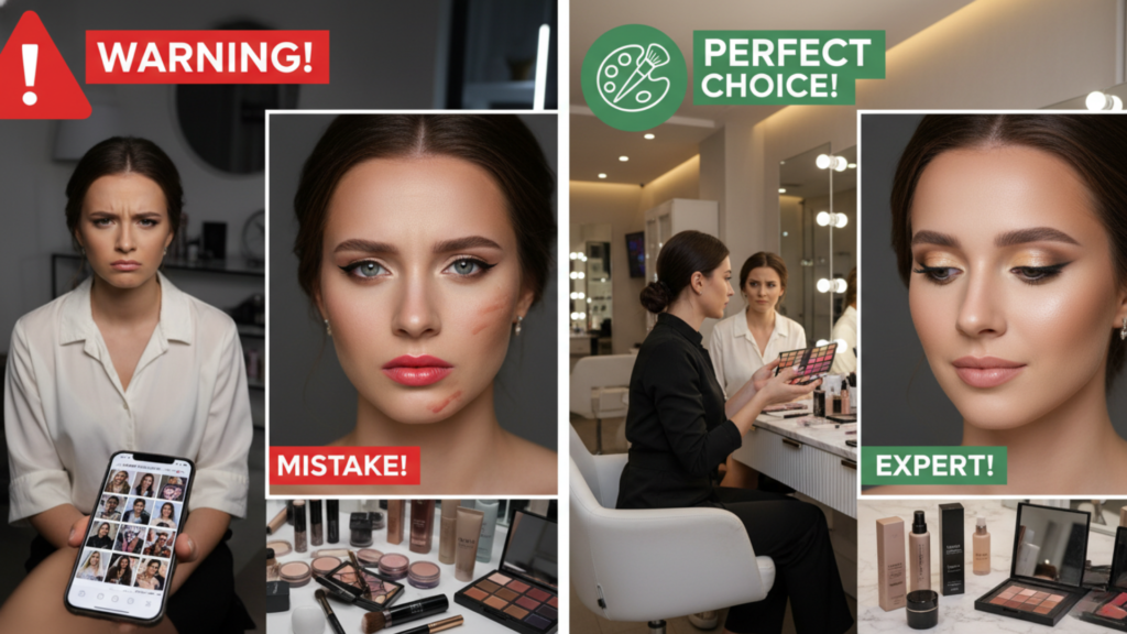 A split image comparing two scenarios of hiring a makeup artist. On the left, labeled "WARNING!" and "MISTAKE!", a confused bride looks at her smartphone, displaying numerous makeup artist profiles. Below her, there's a close-up of a face with poorly applied, smudged makeup, and a collection of generic, unbranded makeup products.
