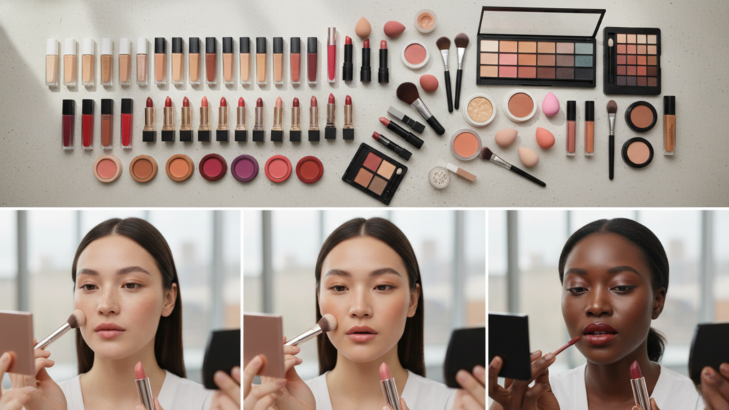 A collage of three images shows a variety of makeup products and models applying makeup. The top image displays an overhead shot of numerous makeup items neatly arranged on a light-colored surface. There are rows of liquid foundations and concealers in various skin tones, lipsticks in reds, pinks, and browns, blush compacts, eyeshadow palettes with multiple shades, makeup brushes, and beauty sponges.