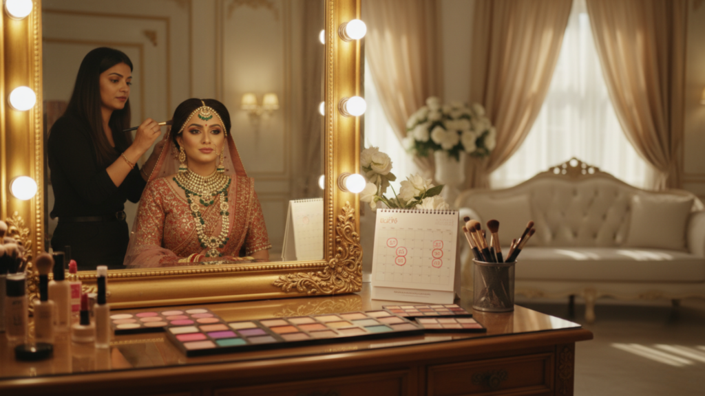 Professional makeup artist applying bridal makeup to Indian bride in studio, elegant wedding makeup look with red lehenga and bridal jewelry