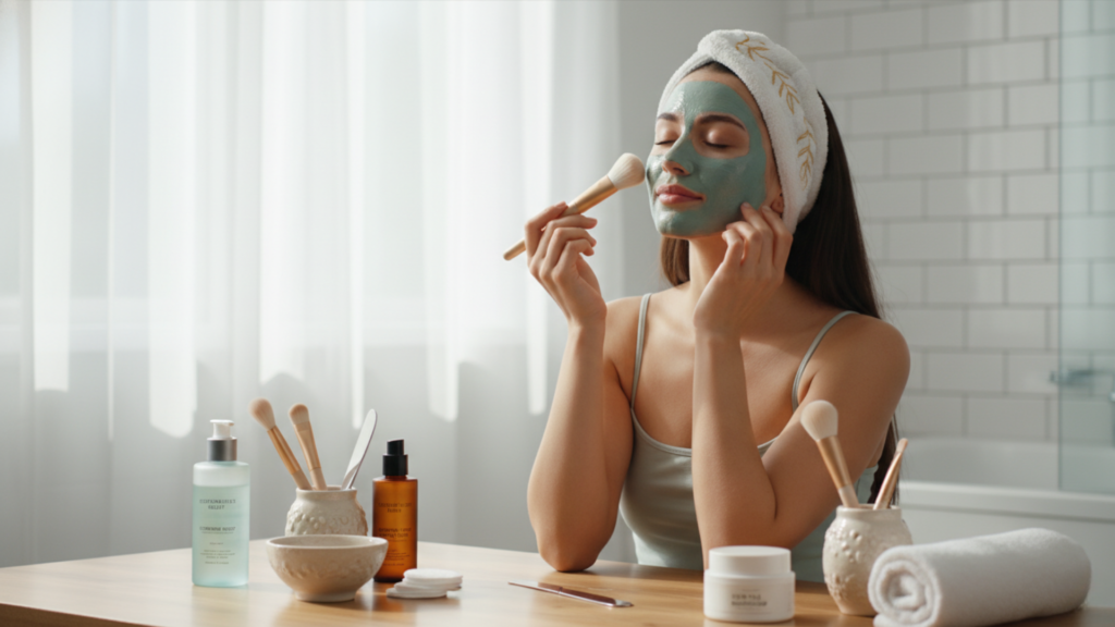 "Woman at home enjoying a DIY facial with a headband, applying a face mask and surrounded by skincare products, preparing her skin for makeup before a big event. Soft, natural lighting and a clean, relaxing environment."