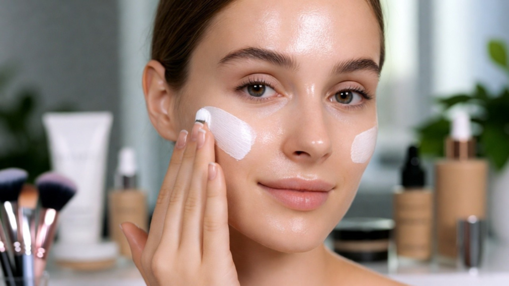 "A young woman with fair skin and brown eyes applying white cream foundation or concealer to her cheekbones in a dotted pattern. She is using a small makeup brush, with various liquid foundations, brushes, and beauty products visible on the vanity table in front of her. Bright, clean beauty tutorial style lighting."