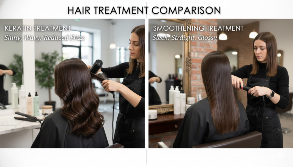 Keratin treatment vs smoothening treatment comparison showing wavy frizz-free hair and sleek straight glossy hair in a salon.”