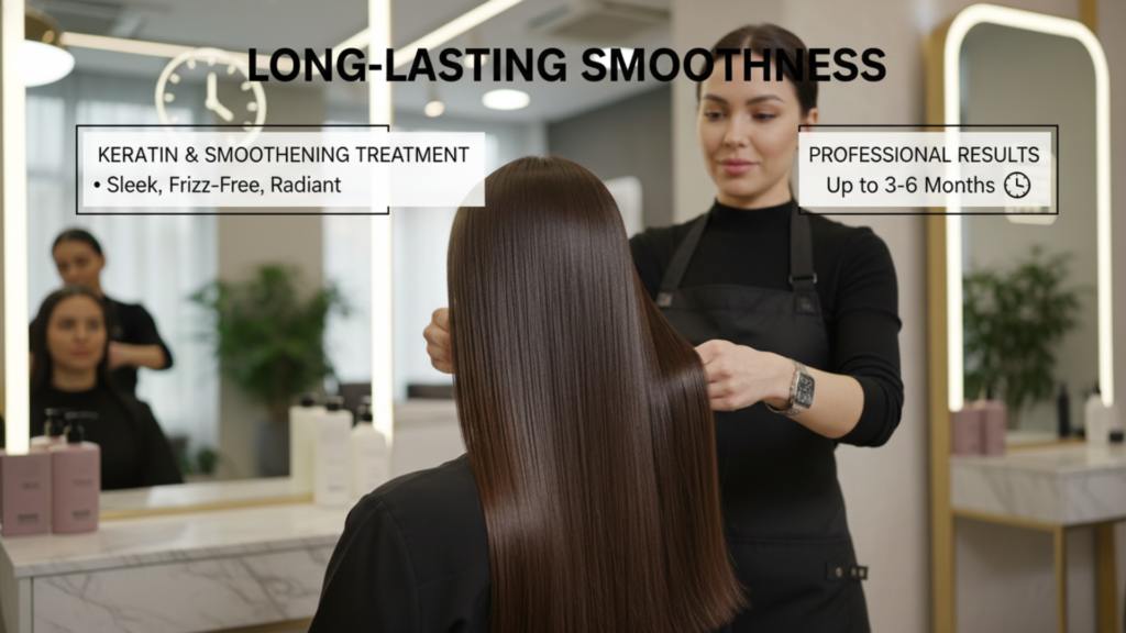“Professional keratin and smoothening hair treatment in salon for long-lasting smooth, frizz-free and shiny hair.”