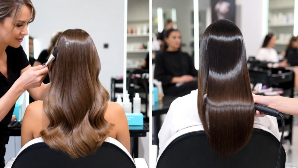 Keratin vs hair smoothening treatment comparison showing wavy shiny hair and sleek straight glossy hair in professional salon.”