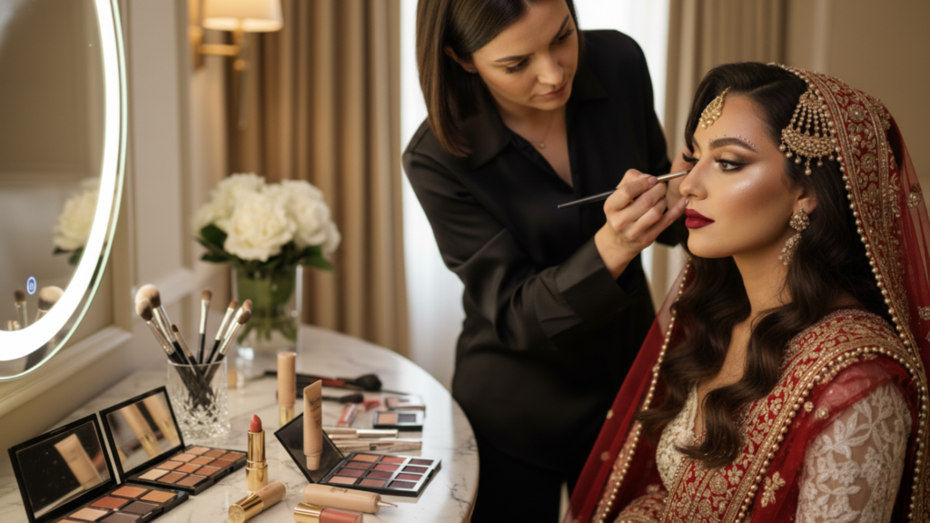 “Makeup artist applying eye makeup to a bride wearing a red traditional outfit and gold jewelry while seated at a vanity table with cosmetics and a lighted mirror.