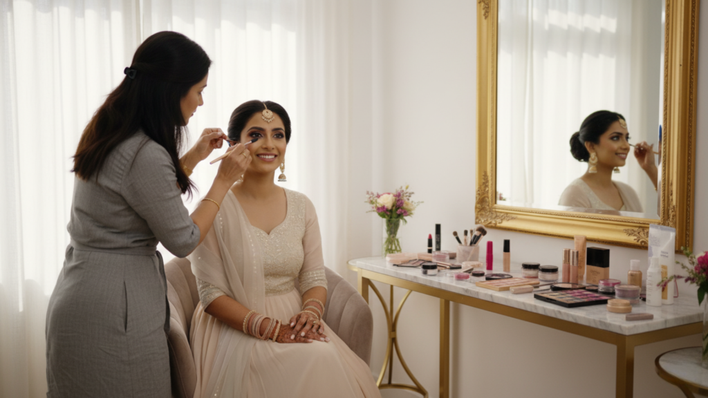 Bride in a cream bridal dress smiling as a makeup artist applies makeup beside a vanity table filled with cosmetics and a large gold-framed mirror.”