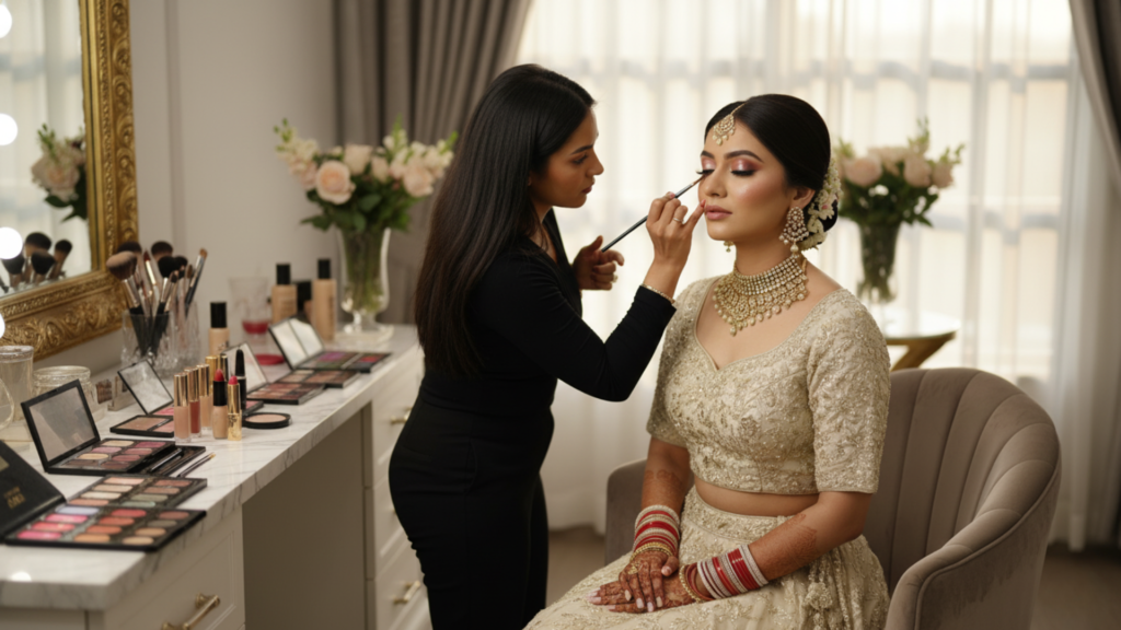 Makeup artist applying eye makeup to a bride wearing a gold bridal outfit and jewelry while seated in front of a vanity with makeup products and flowers.”
