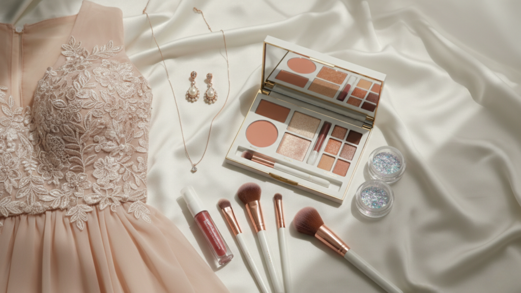 “Bridal makeup matching soft pastel wedding outfit with coordinated lipstick, eyeshadow, blush, and jewelry.”