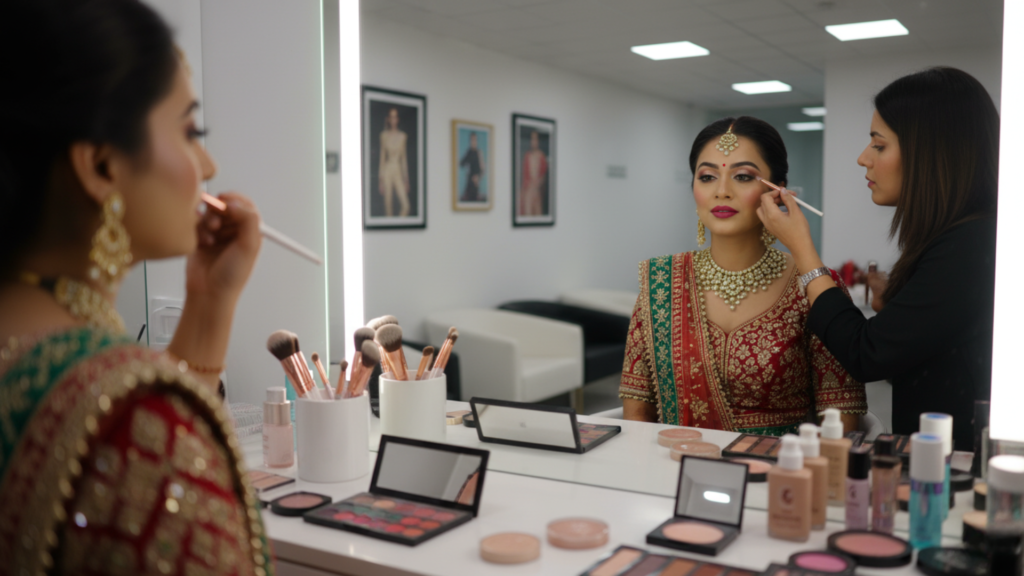 ndian bride having her makeup done to match her colorful bridal outfit in a modern makeup studio, showing a professional makeup artist applying complementary shades